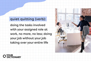 Woman waving goodbye to her coworker next to definition of "quiet quitting" which is restated in article
