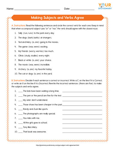 making subjects and verbs agree printable worksheet
