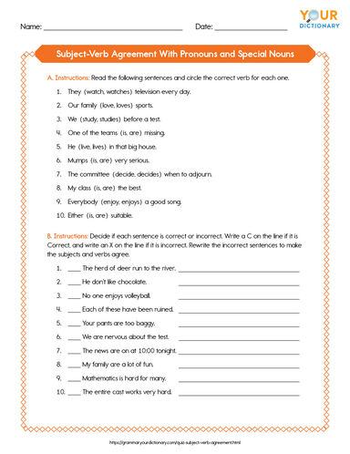 subject-verb agreement with pronouns and special nouns printable worksheet