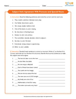 subject-verb agreement with pronouns and special nouns printable worksheet