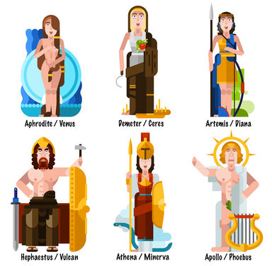 six illustrations of greek and roman gods