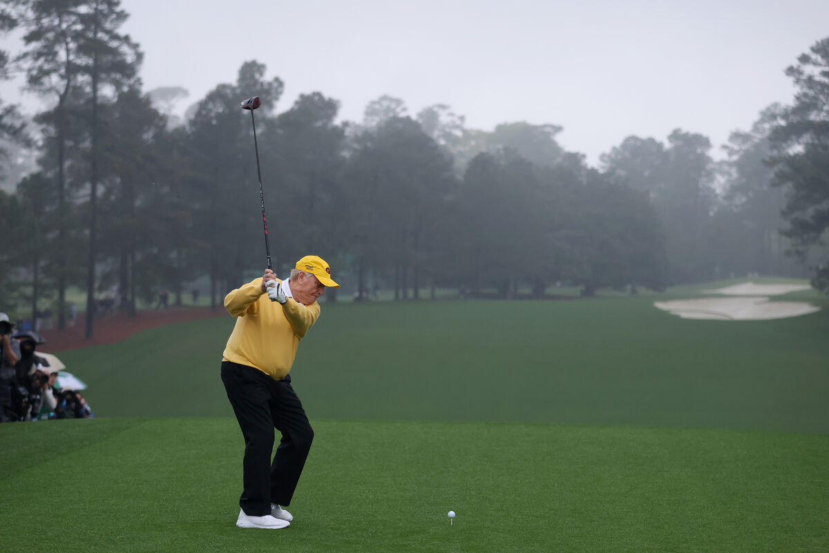 Jack Nicklaus hits the ceremonial opening tee shot at the Masters