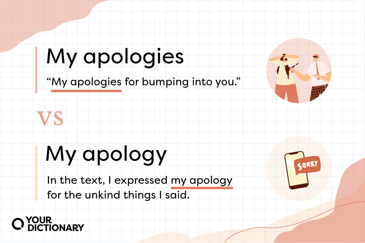 sentence example using "my apologies" ad sentence example using "my apology"