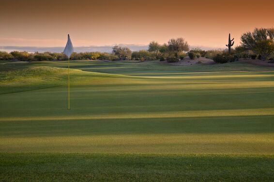 desert golf course at sunset