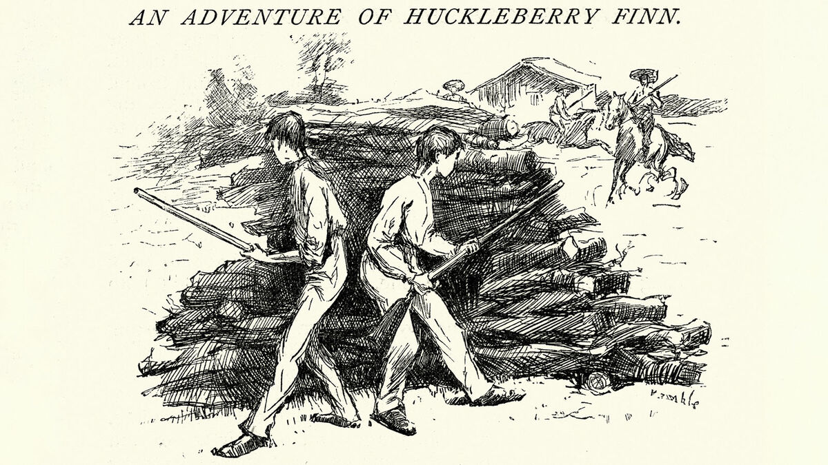 behind the wood-pile Huckleberry Finn