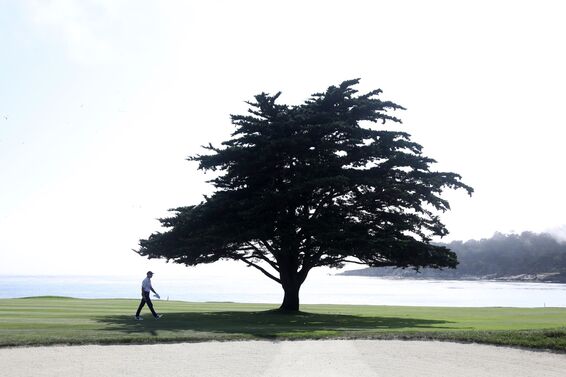 golfer walks the 18th hole at pebble beach