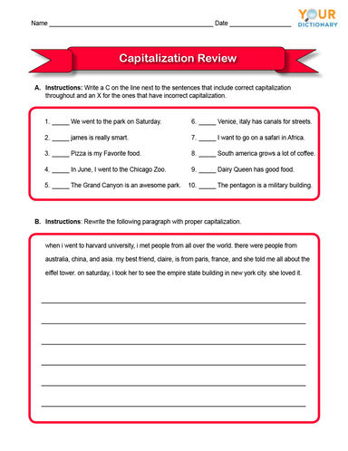 capitalization review worksheet