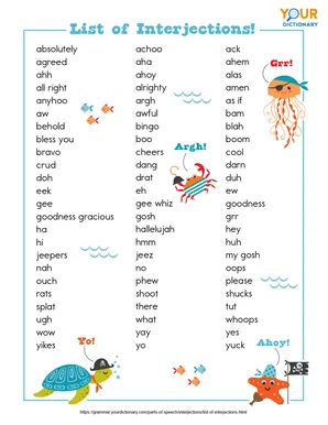 printable chart list of interjections for kids