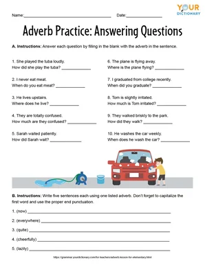 adverb practice worksheet answering questions