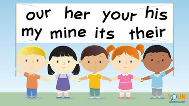 cartoon children holding hands with possessive pronoun banner