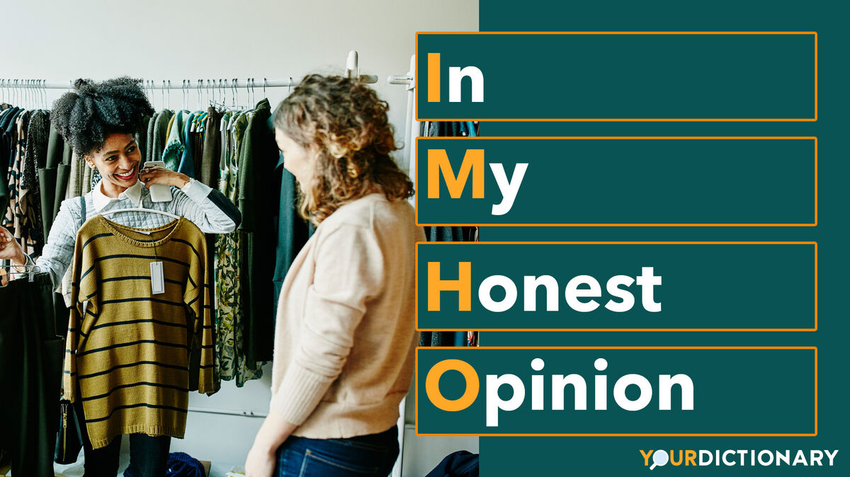 Woman Giving Opinion Clothing Options IMHO Abbreviation Explained