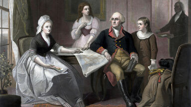 Vintage print George and Martha Washington seated at a table