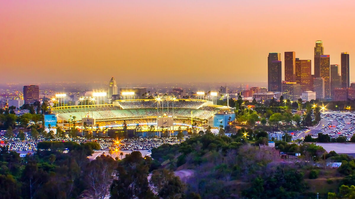 Dodger stadium and Los Angeles skyline