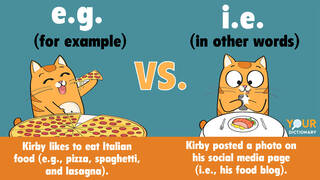 cartoon cat eating pizza with example sentence using e.g. and cartoon cat taking photo of food with example sentence using i.e.