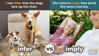 two dogs on torn up chair with example sentence using infer and couple lounging outside with example sentence using imply