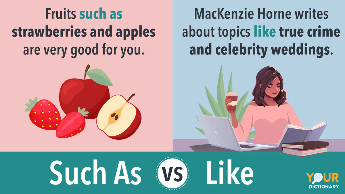 Such As - Strawberries and apples vs Like - Writer laptop and books