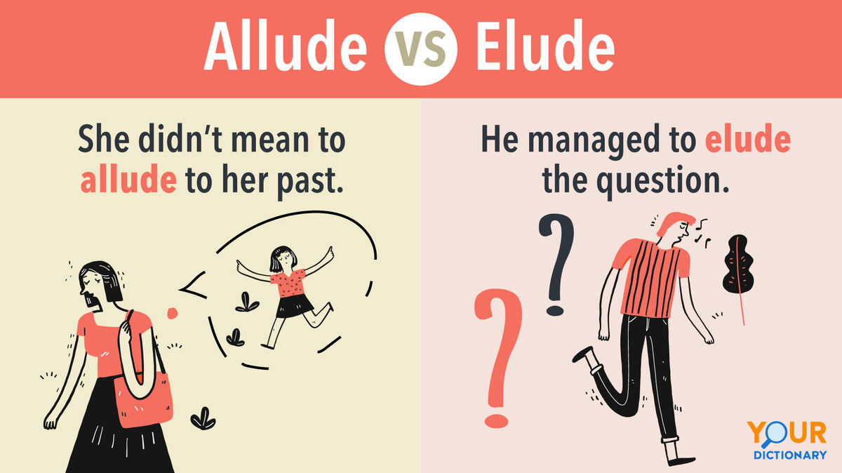 Allude - woman with girl in thought bubble  vs Elude - man avoiding questions