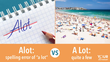 Alot - notebook Alot crossed out in red vs A Lot - Crowded Beach