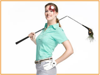 Golfer with a gory golf ball stuck in her head
