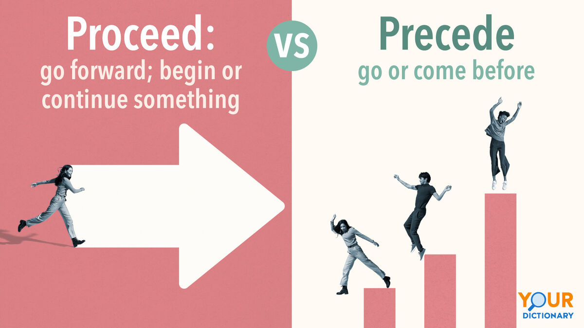 Proceed - Woman Running on White Arrow vs Precede - Friends Jumping on Pink Columns