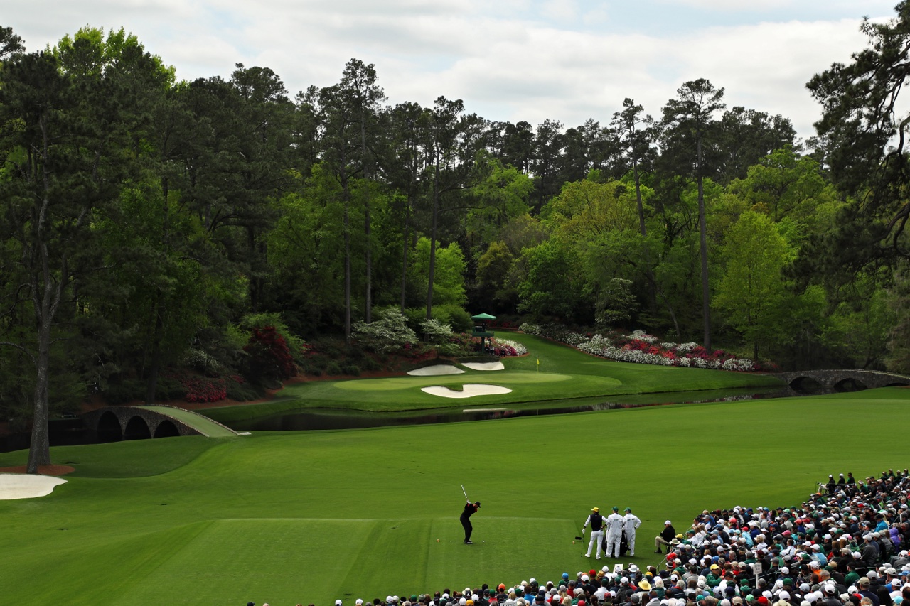 Tiger Woods plays Augusta's 12th hole