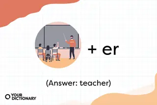 "teacher" rebus example with image of teaching + suffix "er"