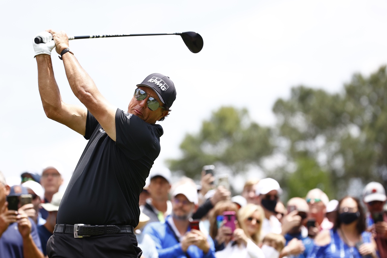 Phil Mickelson tees off wearing sunglasses
