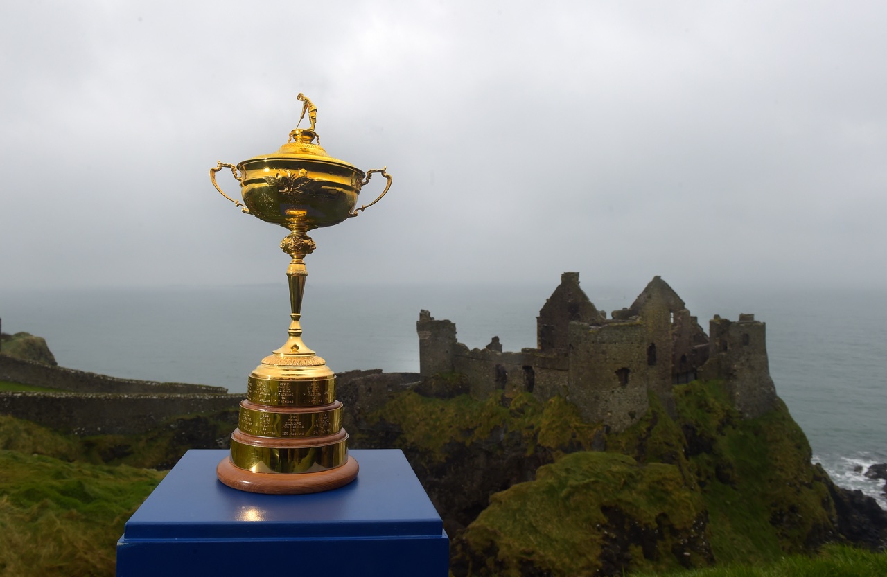 Ryder Cup Trophy against Dunclue Castle ruins