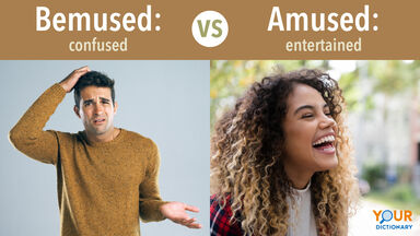Bemused - Man scratching his head in confusion vs Amused - Woman laughing