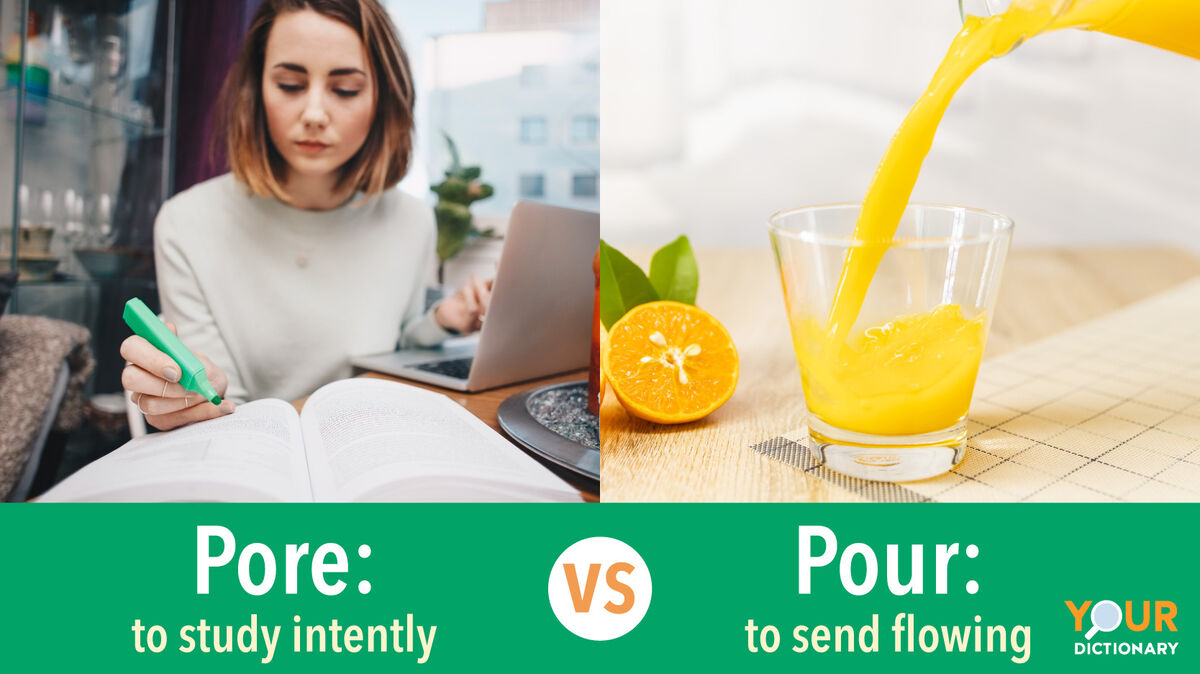 Pore - Woman studying vs Pour - Juice pouring into glass