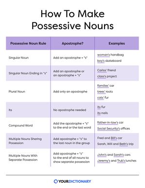 chart listing seven possessive noun rules with examples from the article