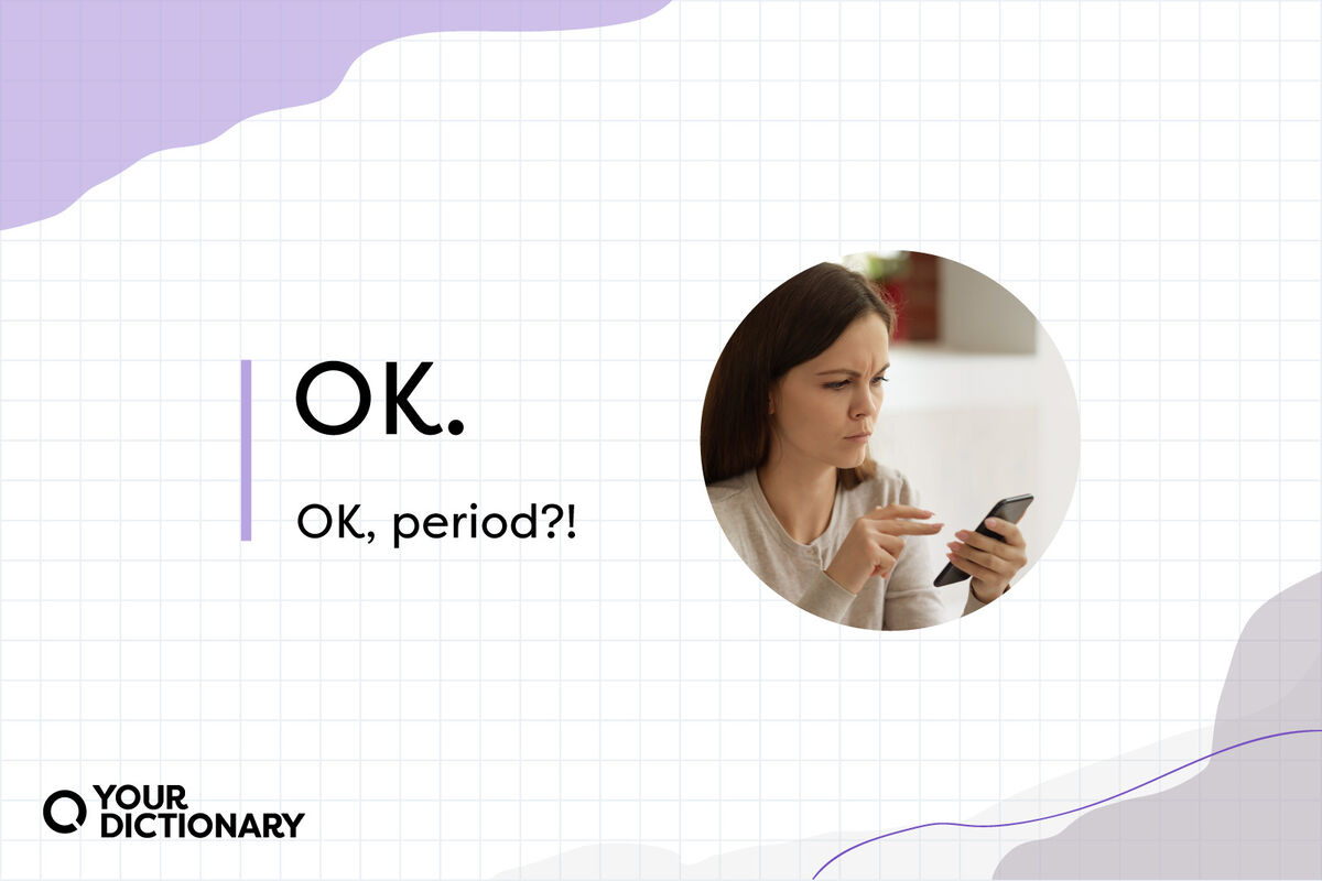 Frowny face young woman holding smartphone reading unpleasant message as Period Meaning in Text