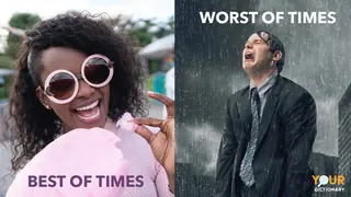 Happy woman eating a cotton candy and Businessman crying in rain as Antithesis examples