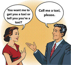 man and woman talking with speech bubbles