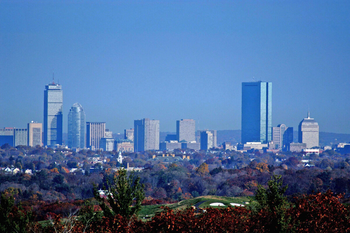 Boston skyline with golf course in the foreground