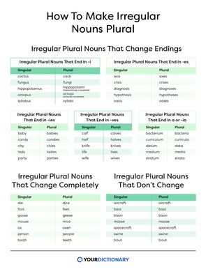 charts showing irregular plural noun examples for different rules