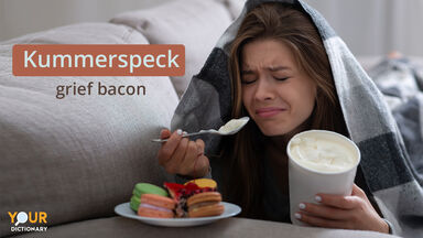 Upset young woman eating ice cream and sweets with word Kummerspeck