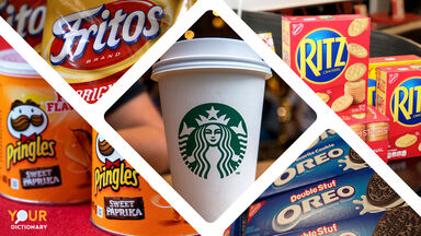 Snacks Names Collage - Oreos, Fritos, Pringles, Ritz, & Starbucks snacks