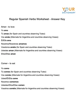 Regular Spanish Verbs Worksheet