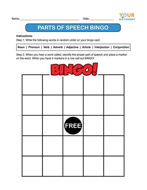 blank parts of speech bingo board