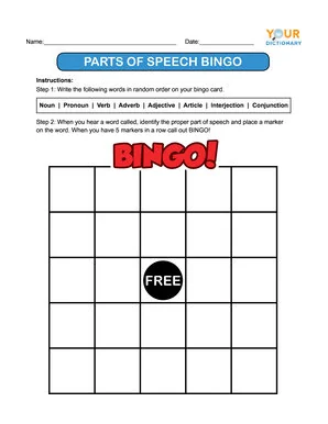blank parts of speech bingo board
