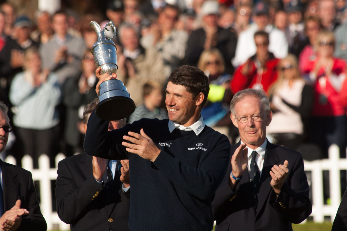 Padraig Harrington displays his trophy for winning the 2008 Open