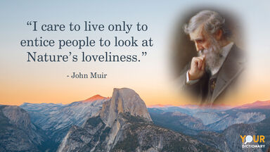 Half Dome in Yosemite National Park and Portrait of John Muir with quote