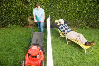 Man mowing lawn while neighbor sleeps as lurdan example