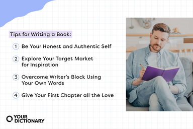 4 tips on how to write a book listed from the article next to an image of a man writing in a notebook on a bench