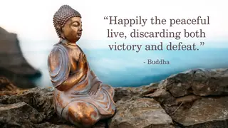 Buddha figure sitting on a rock in front of mountains with quote