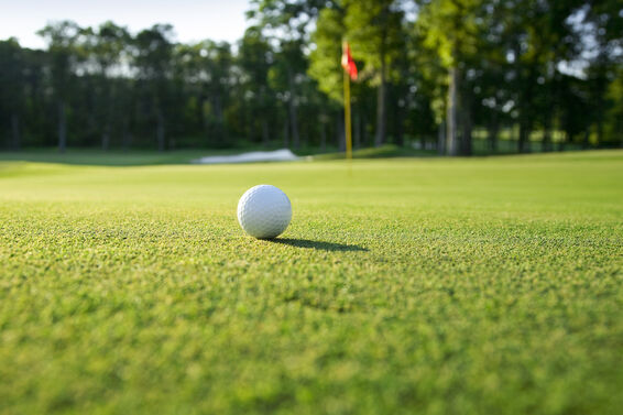 Golf ball and flag on green