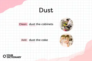 Man doing housework and woman sprinkling icing sugar as dust Contronyms example