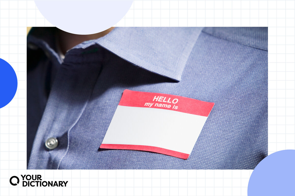 "Hello My Name Is" sticker on a button-up shirt