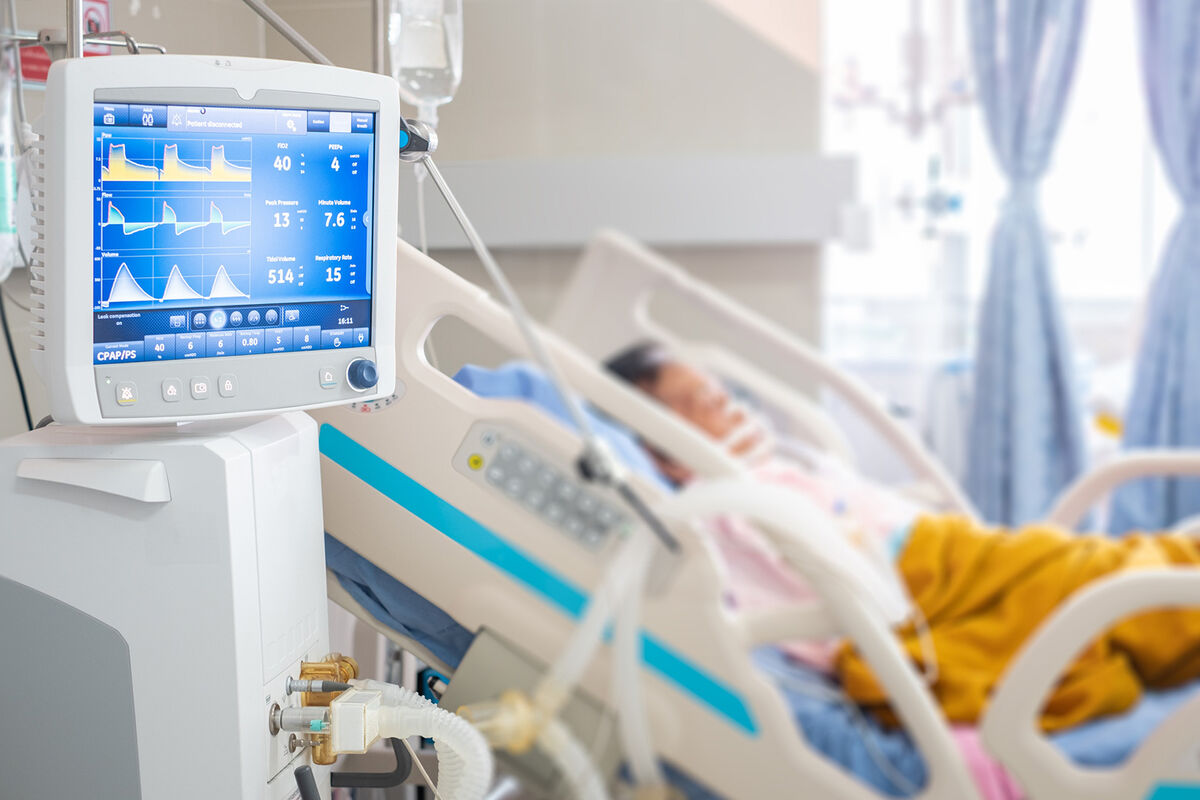 Ventilator monitor given oxygen by intubation tube to patient